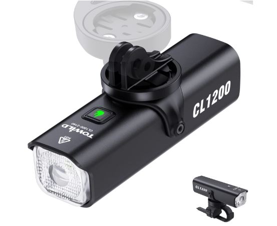TOWILD CL1200 Światło rowerowe do jazdy nocą, kompatybilne z mocowaniem Garmin/GoPro, jasne światło rowerowe 1200 lumenów, bateria 4000 mAh, wodoodporne światło rowerowe dla osób dojeżdżających do pracy.