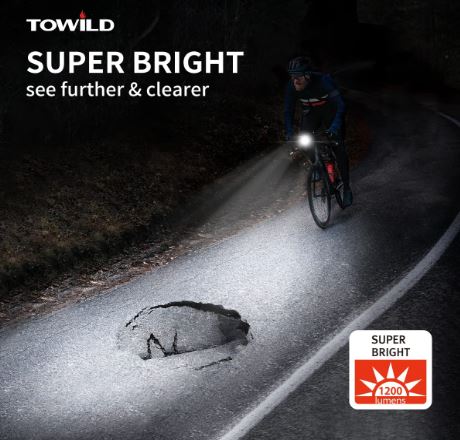 TOWILD CL1200 Światło rowerowe do jazdy nocą, kompatybilne z mocowaniem Garmin/GoPro, jasne światło rowerowe 1200 lumenów, bateria 4000 mAh, wodoodporne światło rowerowe dla osób dojeżdżających do pracy.