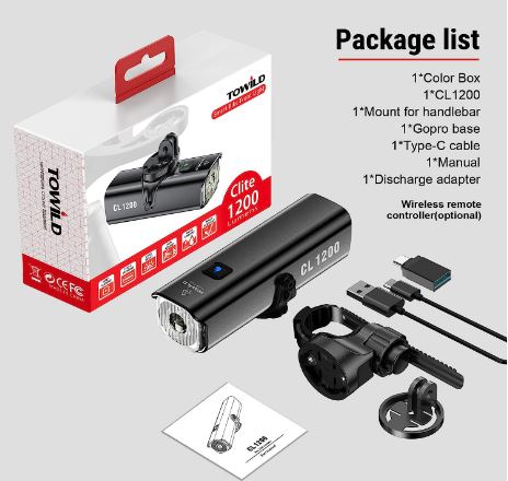 TOWILD CL1200 Światło rowerowe do jazdy nocą, kompatybilne z mocowaniem Garmin/GoPro, jasne światło rowerowe 1200 lumenów, bateria 4000 mAh, wodoodporne światło rowerowe dla osób dojeżdżających do pracy.