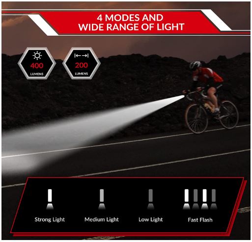 ROCKBROS Przednie światło LED USB akumulator, 400 lumenów wodoodporne światło IPX6 z 4 stałymi i migającymi trybami do rowerów górskich i szosowych