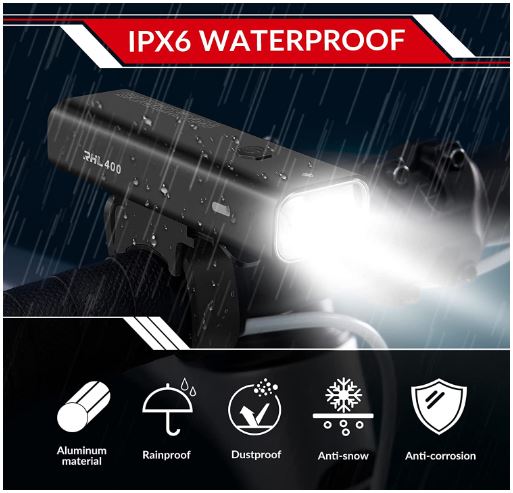 ROCKBROS Przednie światło LED USB akumulator, 400 lumenów wodoodporne światło IPX6 z 4 stałymi i migającymi trybami do rowerów górskich i szosowych