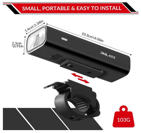 ROCKBROS Przednie światło LED USB akumulator, 400 lumenów wodoodporne światło IPX6 z 4 stałymi i migającymi trybami do rowerów górskich i szosowych
