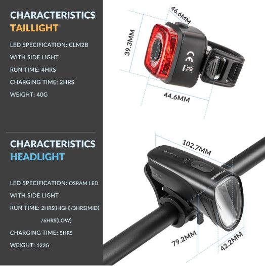 ROCKBROS Zestaw świateł rowerowych 200M oświetlenie StVZO tylne światło LED IPX5 lampa rowerowa