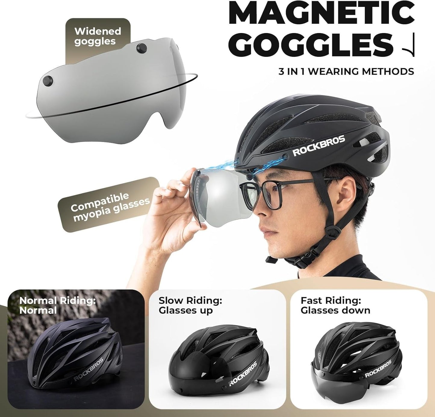 ROCKBROS Kask rowerowy dla dorosłych z wizjerem Magnetyczny zdejmowany Oddychający Regulowany dla mężczyzn i kobiet 58-62 cm