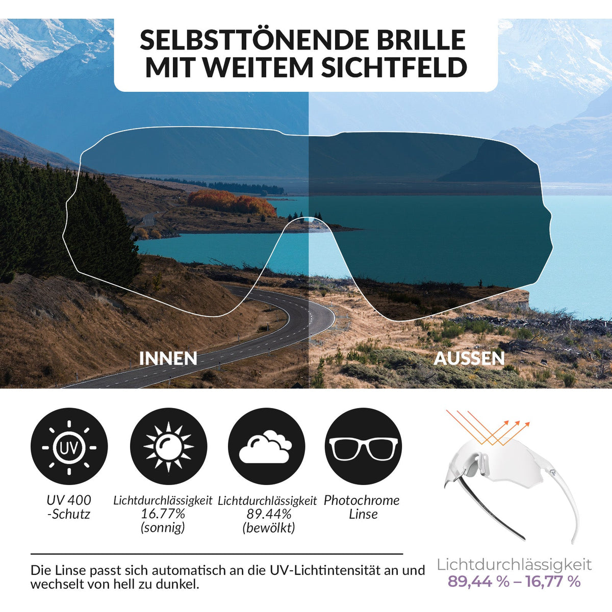ROCKBROS Okulary rowerowe Samoprzyciemniające się Ochrona UV400 Bez oprawki -SWIFT