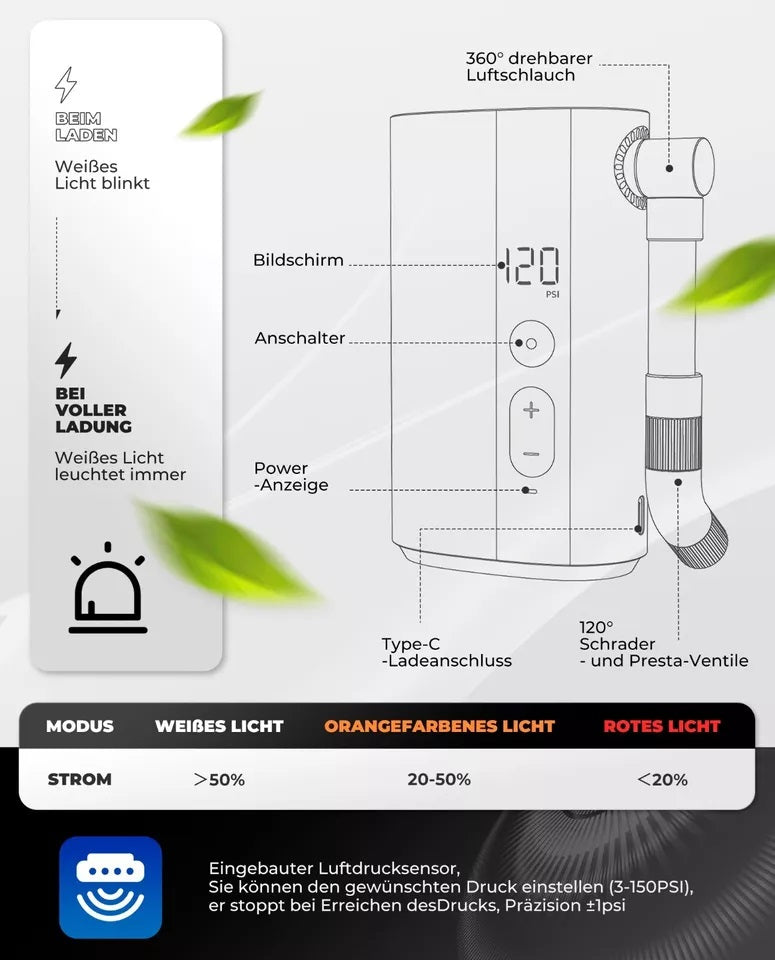 ROCKBROS Pompka rowerowa Przenośna pompka Elektryczna pompka powietrza 5000mAh 150PSI 380g