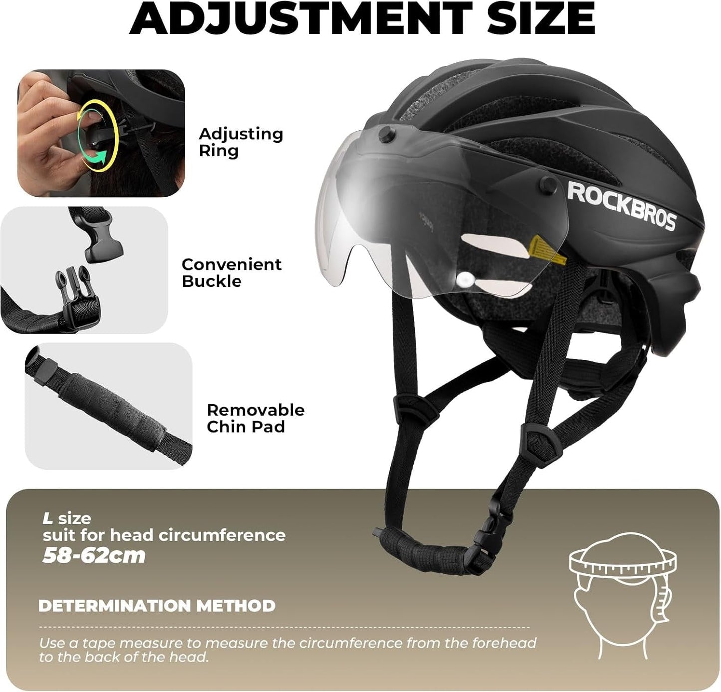 ROCKBROS Kask rowerowy dla dorosłych z wizjerem Magnetyczny zdejmowany Oddychający Regulowany dla mężczyzn i kobiet 58-62 cm