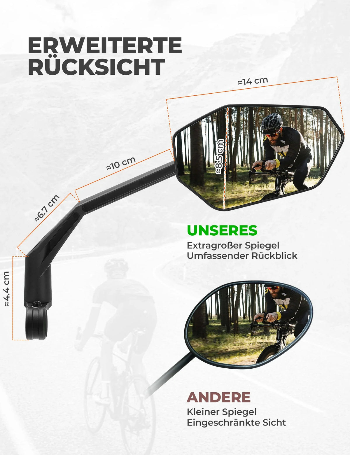 Lusterko rowerowe ROCKBROS, regulowane 360°, odporne na odblaski, wypukłe lusterko wsteczne ze szkłem HD odpornym na pęknięcia