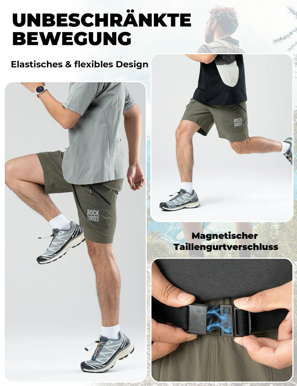 ROCKBROS Męskie Spodenki sportowe Krótkie spodenki rowerowe - Magnetyczny pas, 4 kieszenie