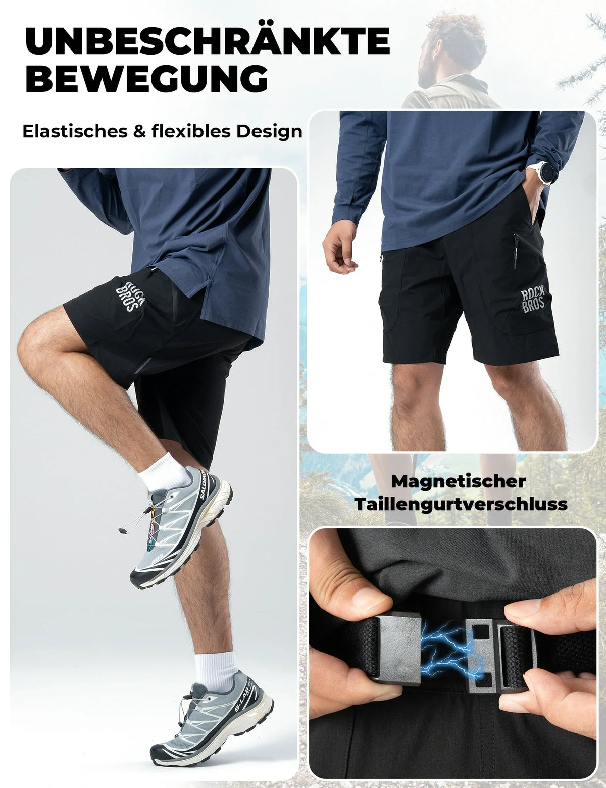 ROCKBROS Męskie Spodenki sportowe Krótkie spodenki rowerowe - Magnetyczny pas, 4 kieszenie