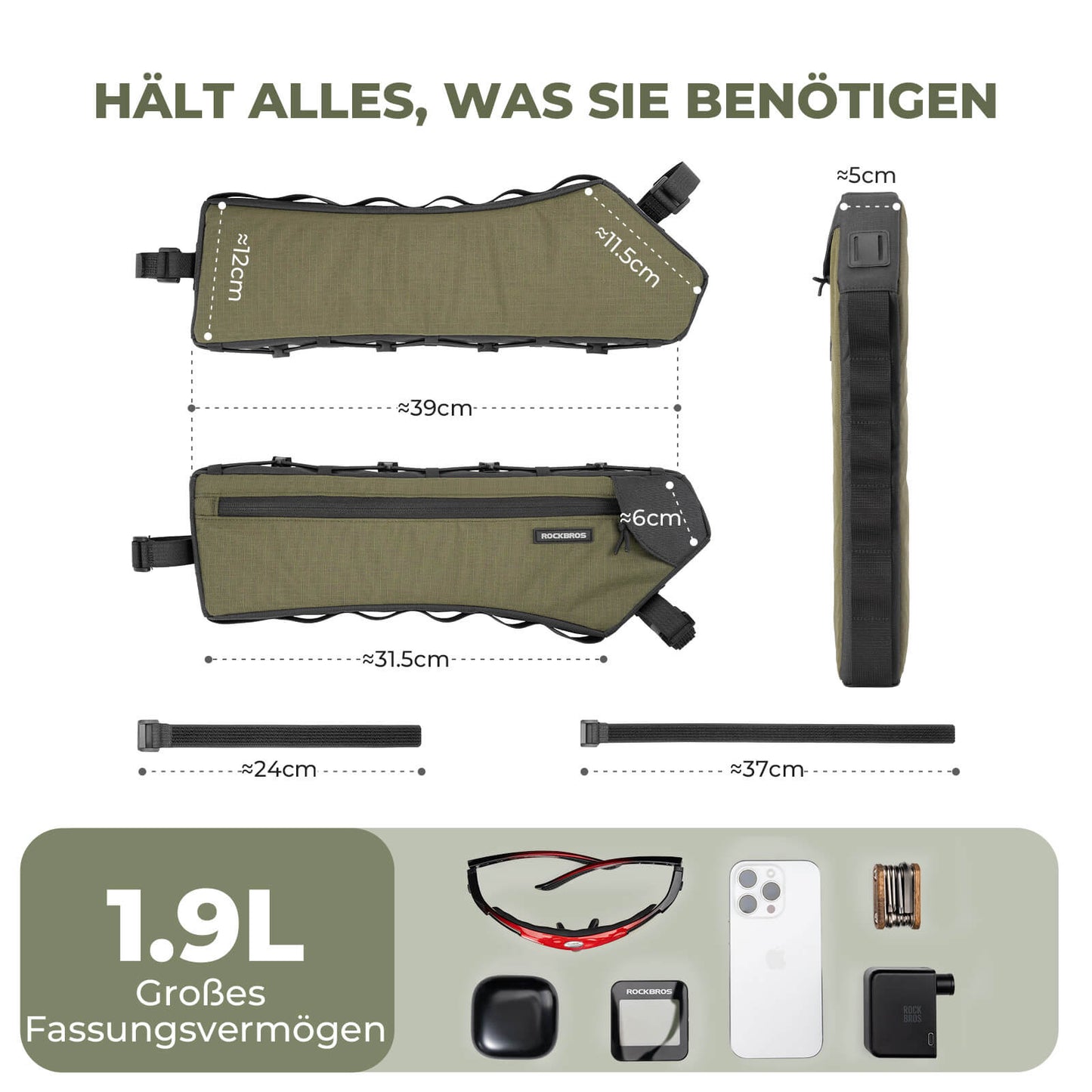 Torba na ramę roweru, trójkątna, 1,9 l, ultracienka i szybko dostępna, ROCKBROS