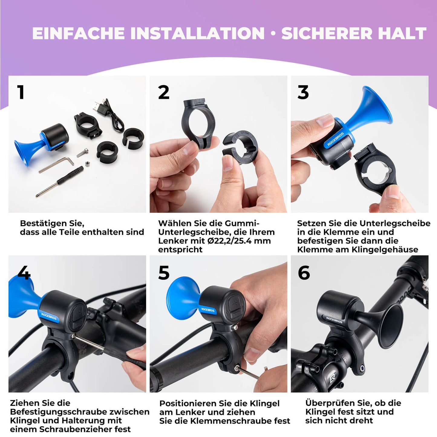 Dzwonek rowerowy elektryczny 120dB do kierownic 22,2/25,4/31,8 mm ROCKBROS