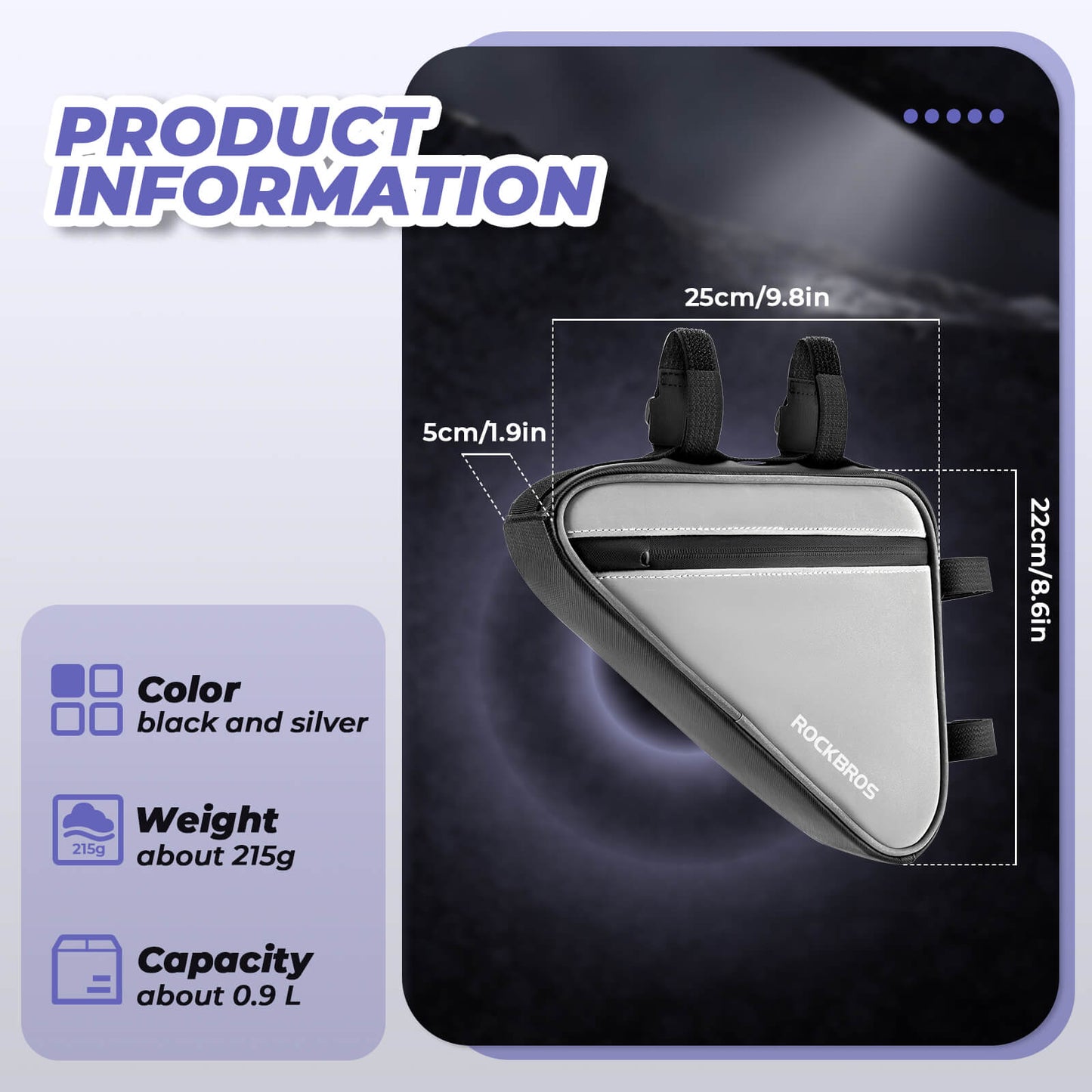 Torba rowerowa, odblaskowa torba na ramę, trójkątna torba, 0,9 l, ROCKBROS