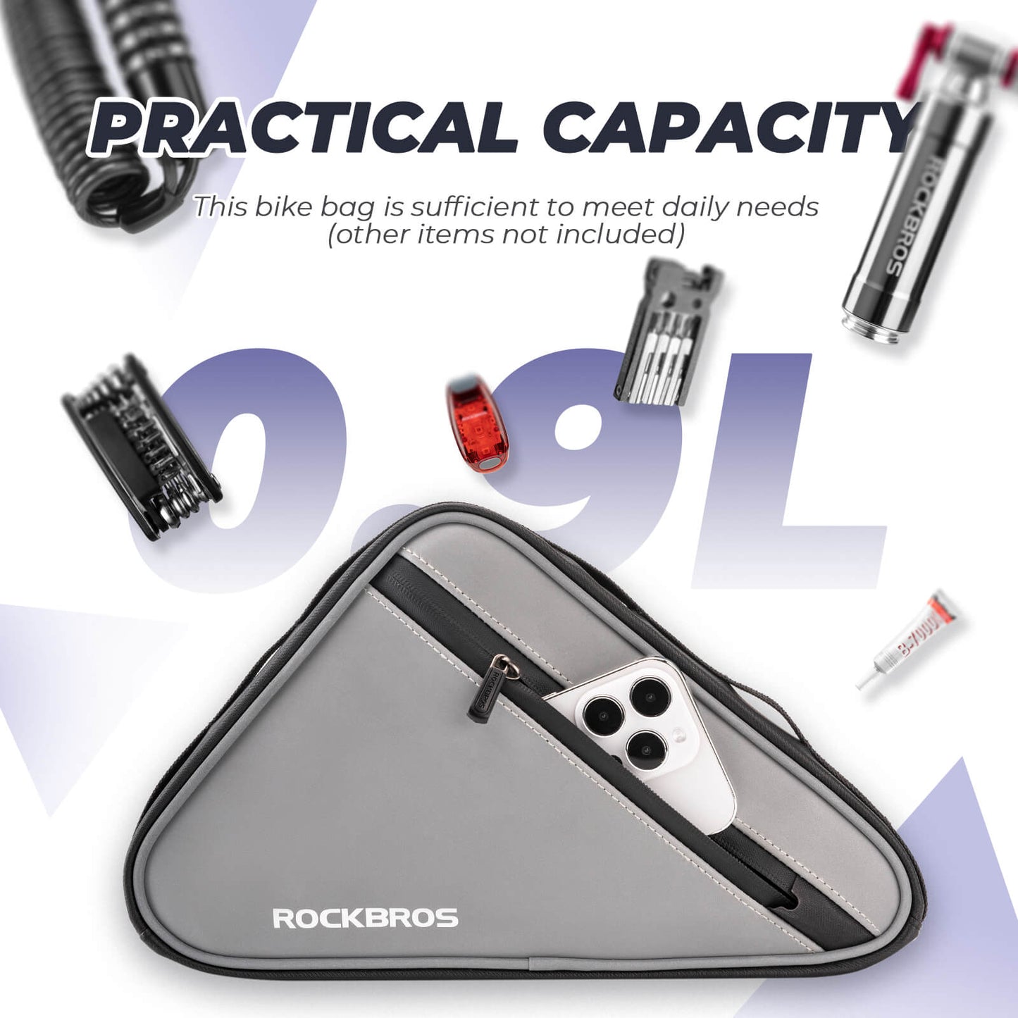 Torba rowerowa, odblaskowa torba na ramę, trójkątna torba, 0,9 l, ROCKBROS