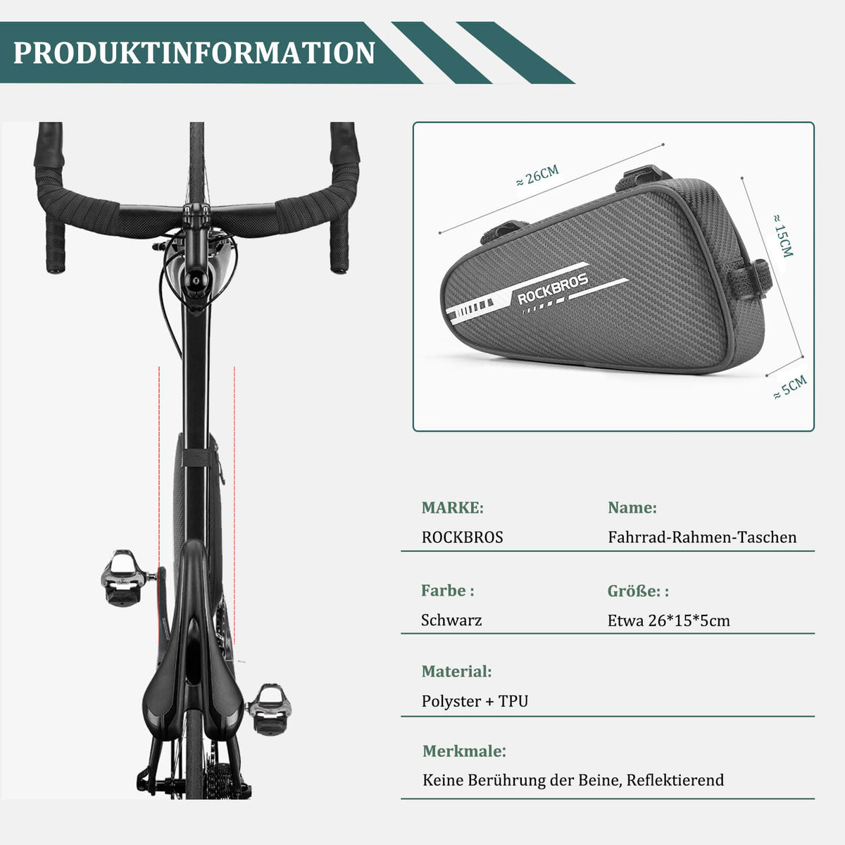 ROCKBROS Sakwa ramowa wodoodporna sakwa trójkątna do MTB i rowerów szosowych 1,2L