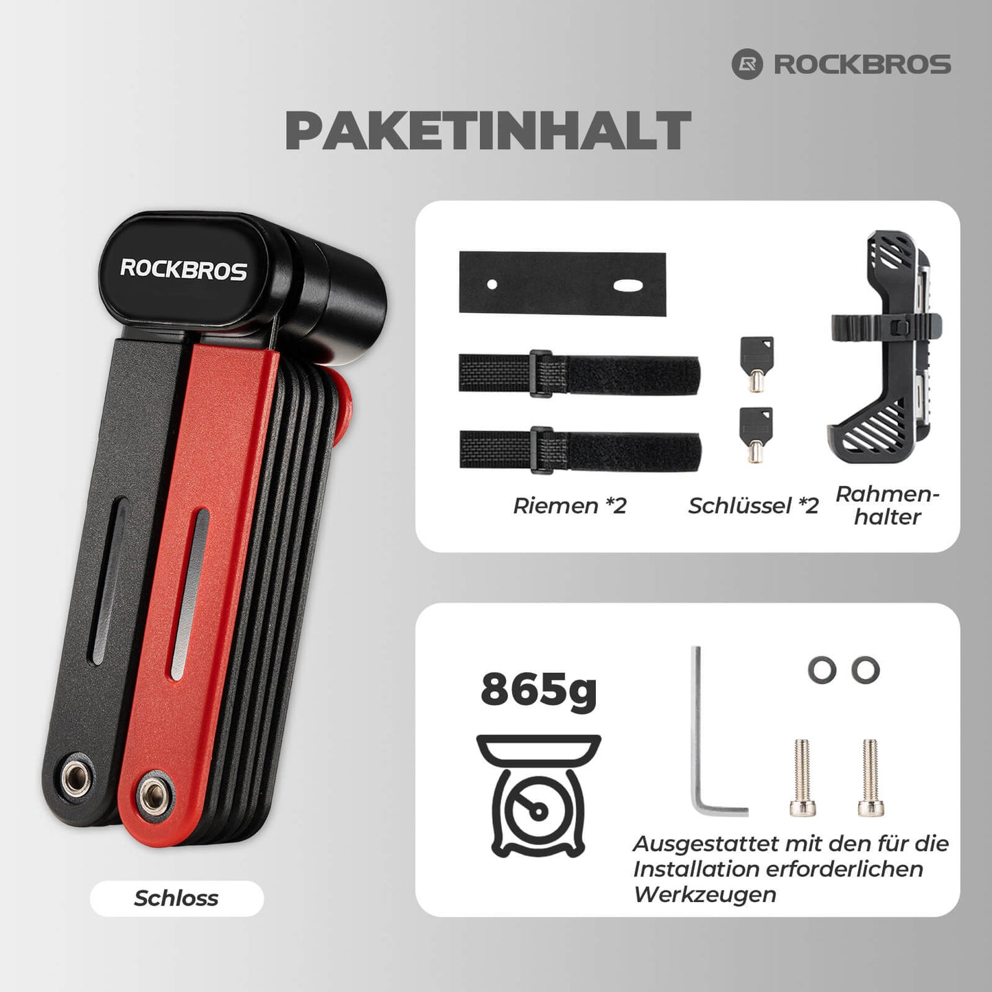 Składana blokada rowerowa, solidne zabezpieczenie antykradzieżowe z 2 kluczami, ROCKBROS