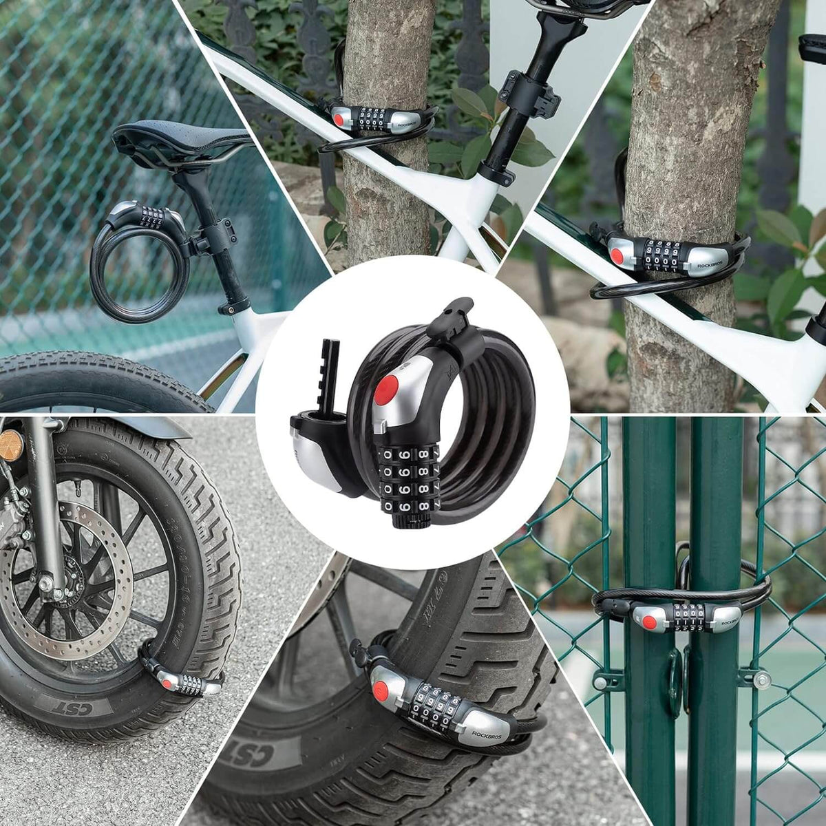 ROCKBROS Zamek do roweru z linką, 4-cyfrowy kod liczbowy ze światłem 120cm/180cm