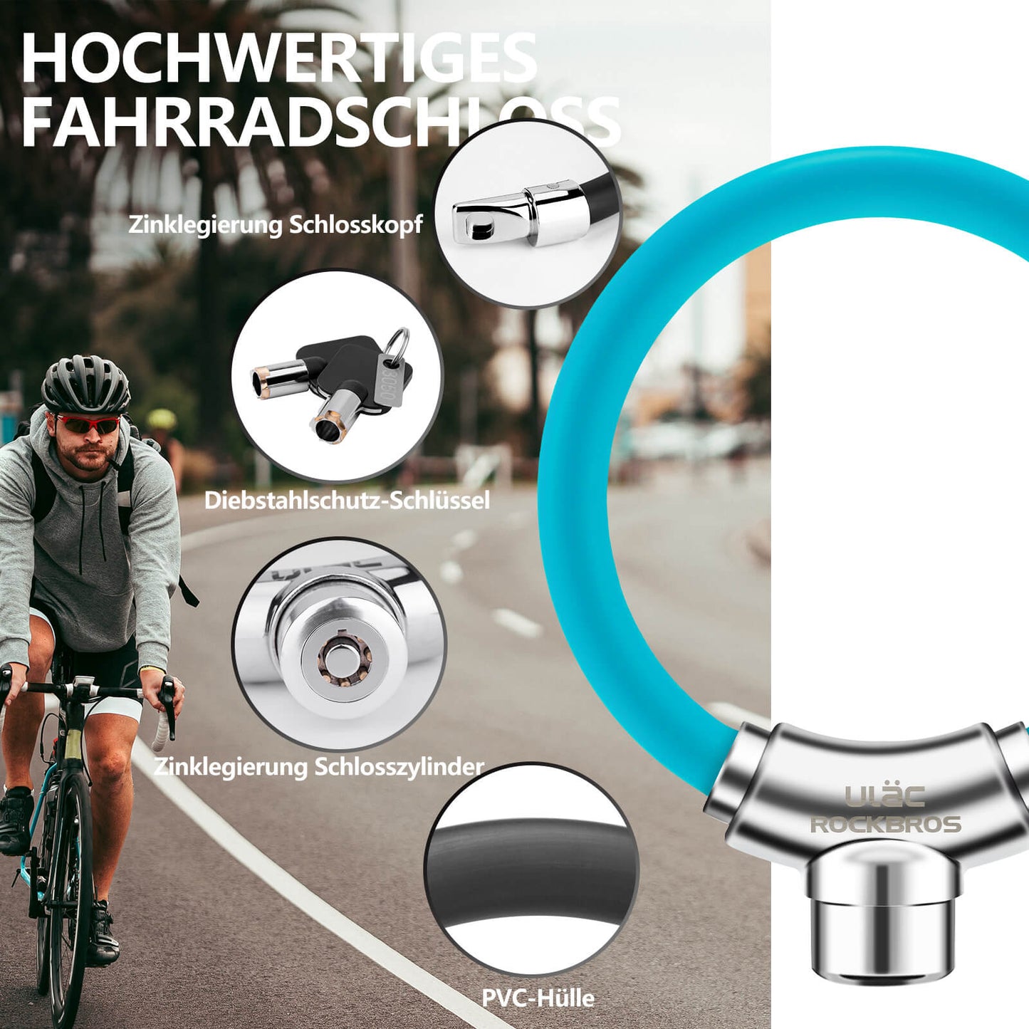 Zapięcie rowerowe linkowe z zapięciem na rzep, bez klucza, ROCKBROS