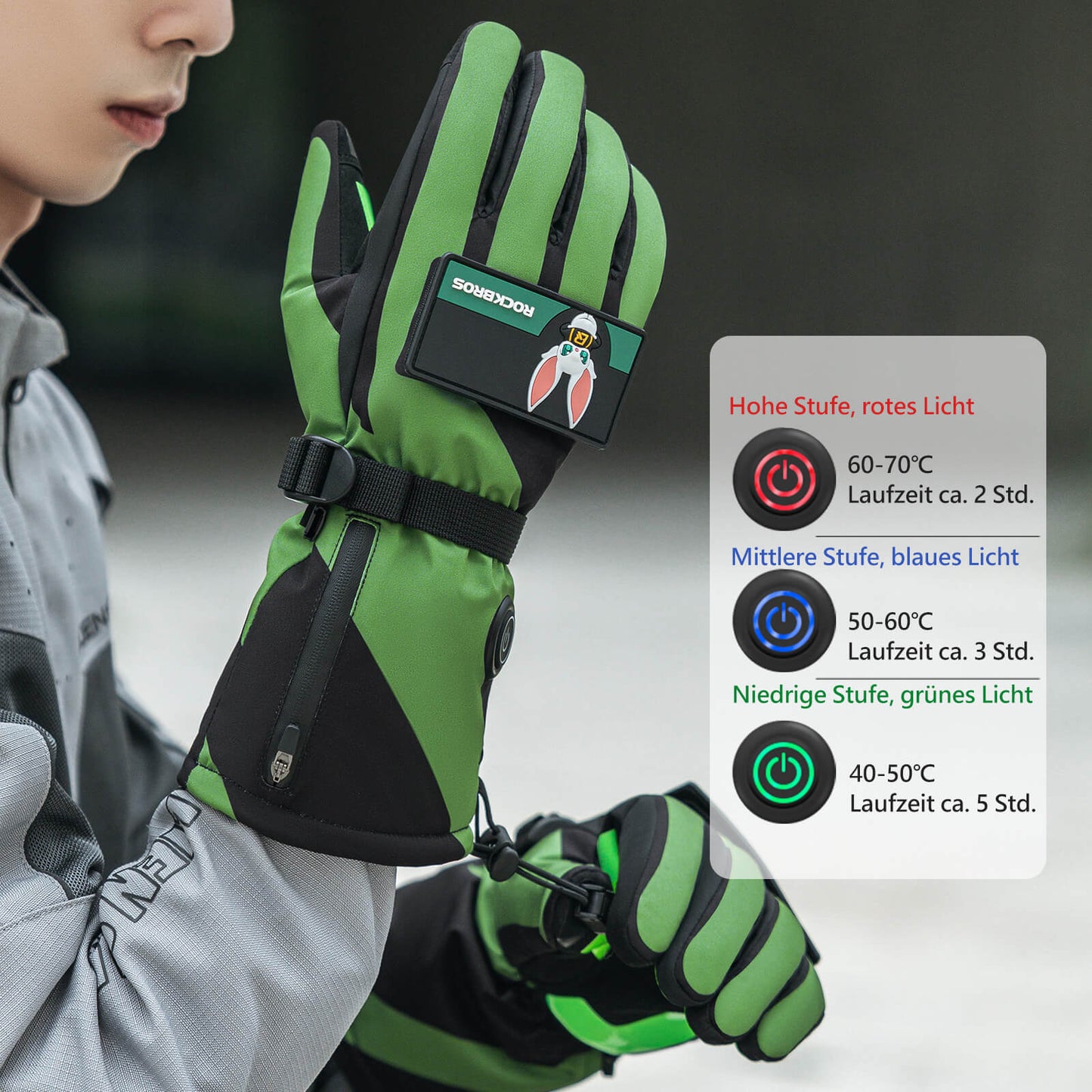 Zimowe podgrzewane rękawiczki rowerowe, 3 ustawienia grzania, rozmiary M-XL, ROCKBROS