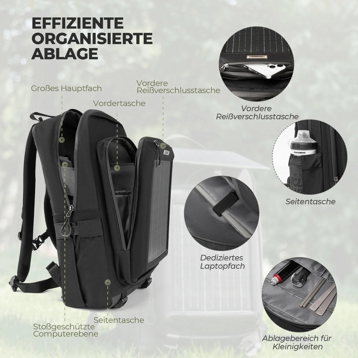 ROCKBROS Plecak solarny Solar Rucksack 20L z elastycznym, odpinanym 10V 14W