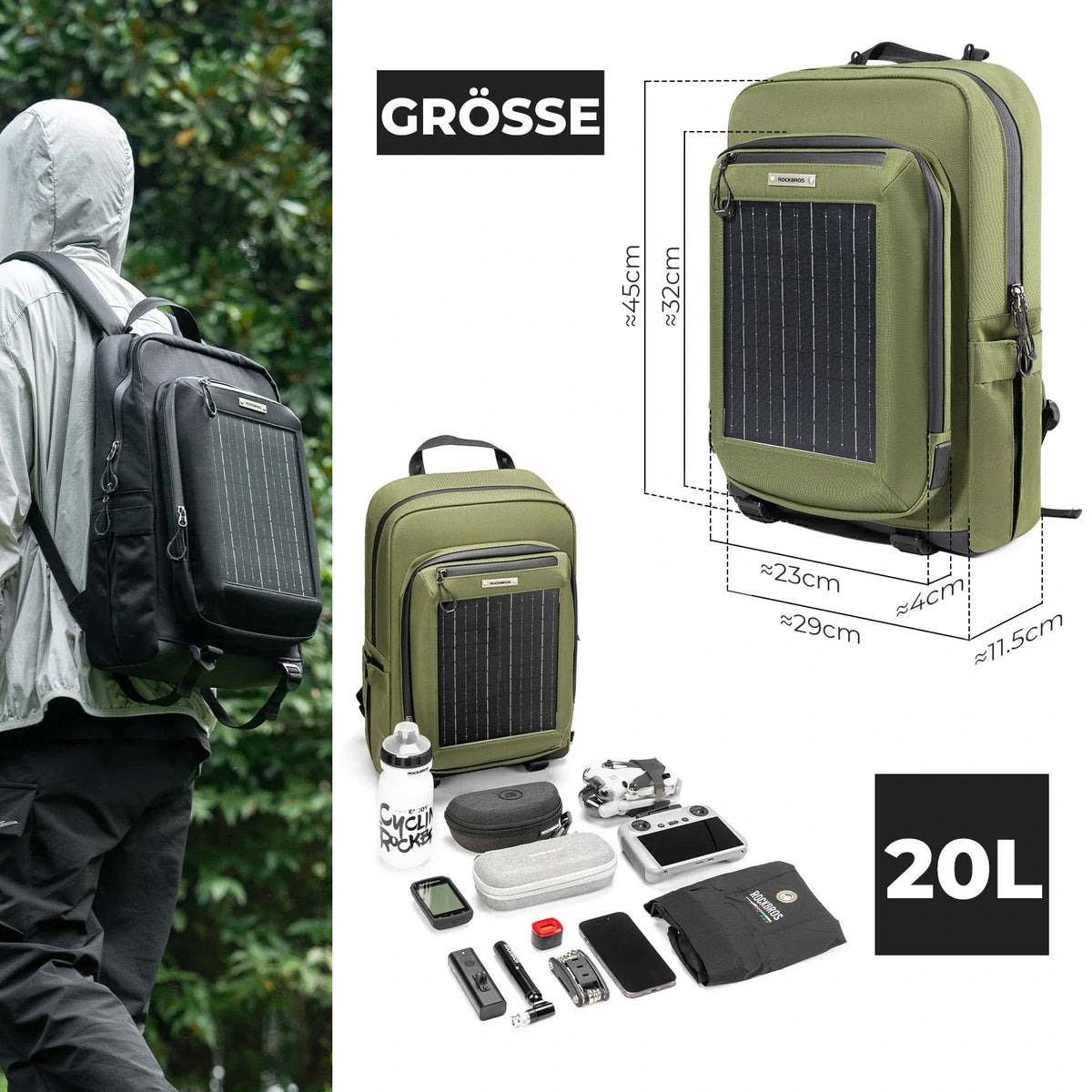ROCKBROS Plecak solarny Solar Rucksack 20L z elastycznym, odpinanym 10V 14W