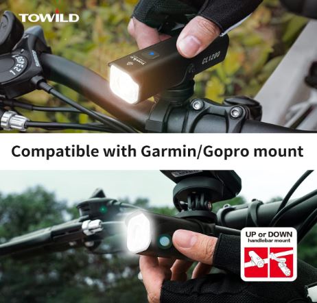 TOWILD CL1200 Światło rowerowe do jazdy nocą, kompatybilne z mocowaniem Garmin/GoPro, jasne światło rowerowe 1200 lumenów, bateria 4000 mAh, wodoodporne światło rowerowe dla osób dojeżdżających do pracy.