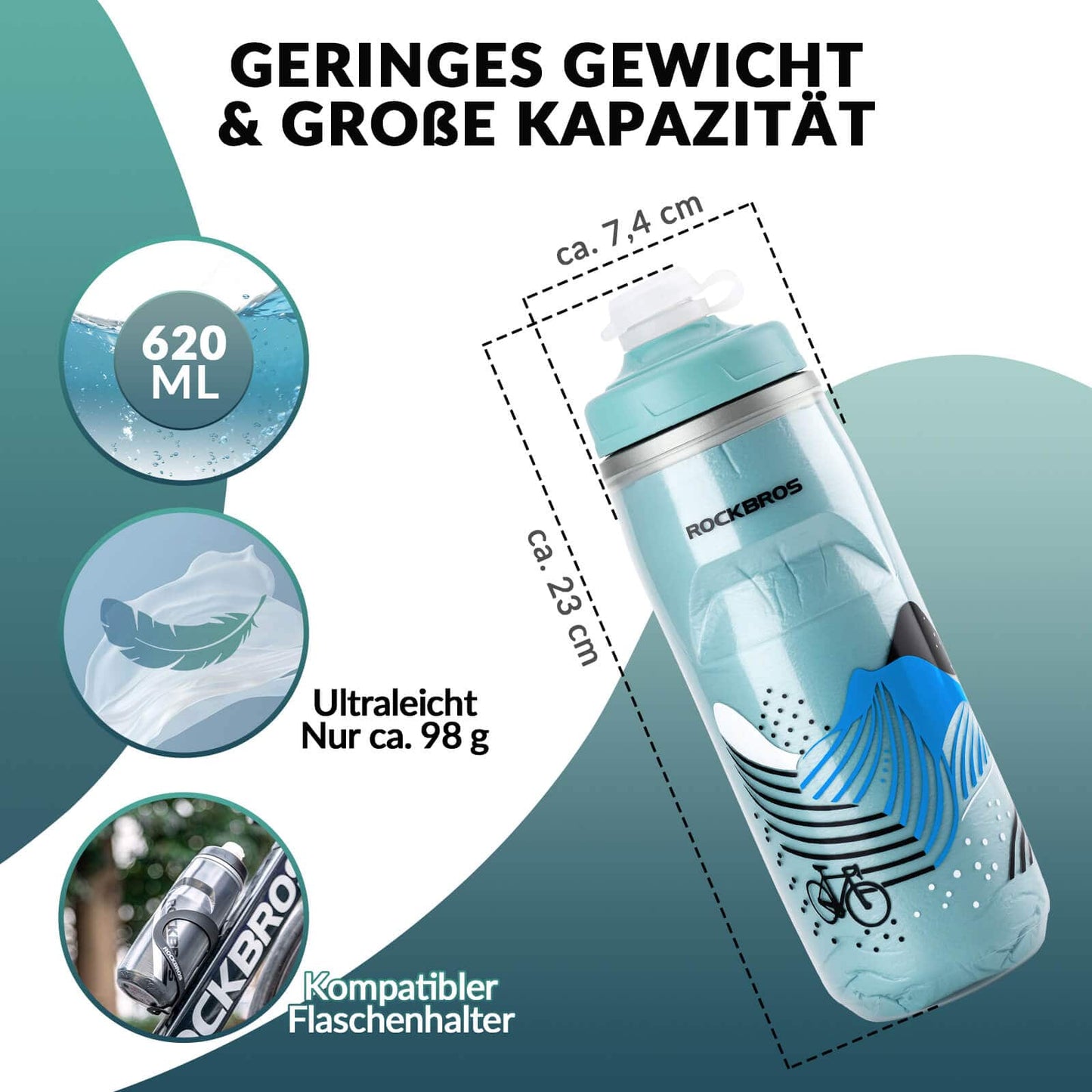 Bidon rowerowy 620 ml, bidon sportowy z funkcją chłodzenia 5 godzin, ROCKBROS