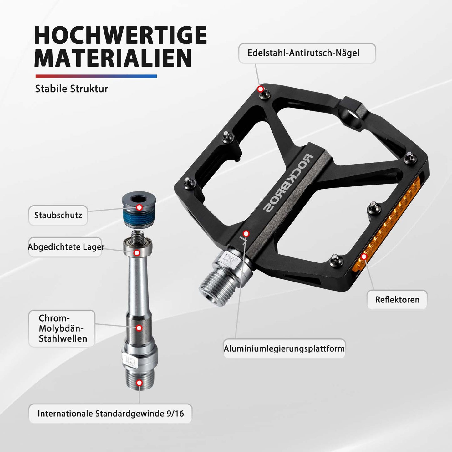 Pedały rowerowe z odblaskami, wykonane ze stopu aluminium, 9/16 cala, ROCKBROS