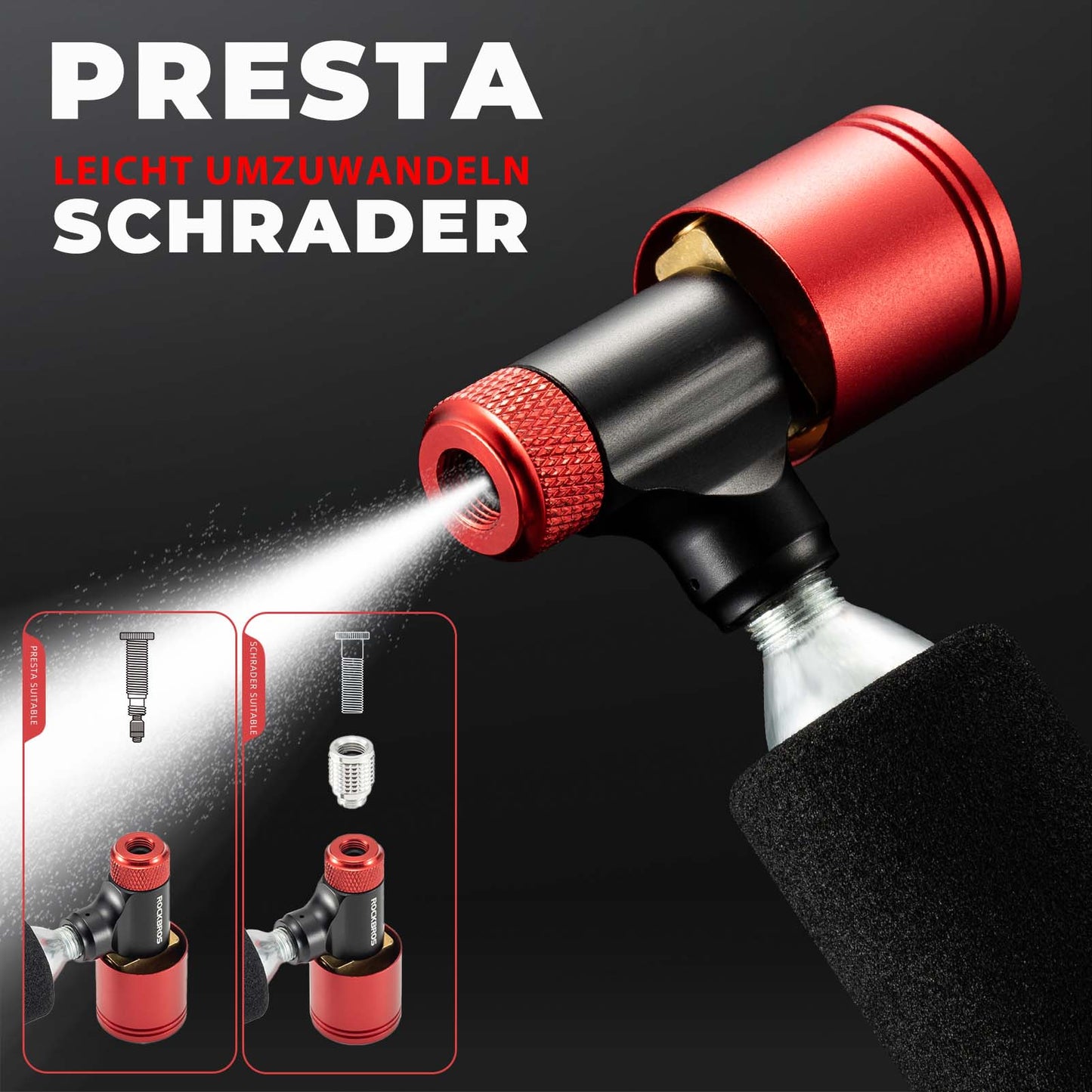 Pompka rowerowa, pompka do kartuszy CO2, mini pompka z zaworem dozującym ciśnienie ROCKBROS