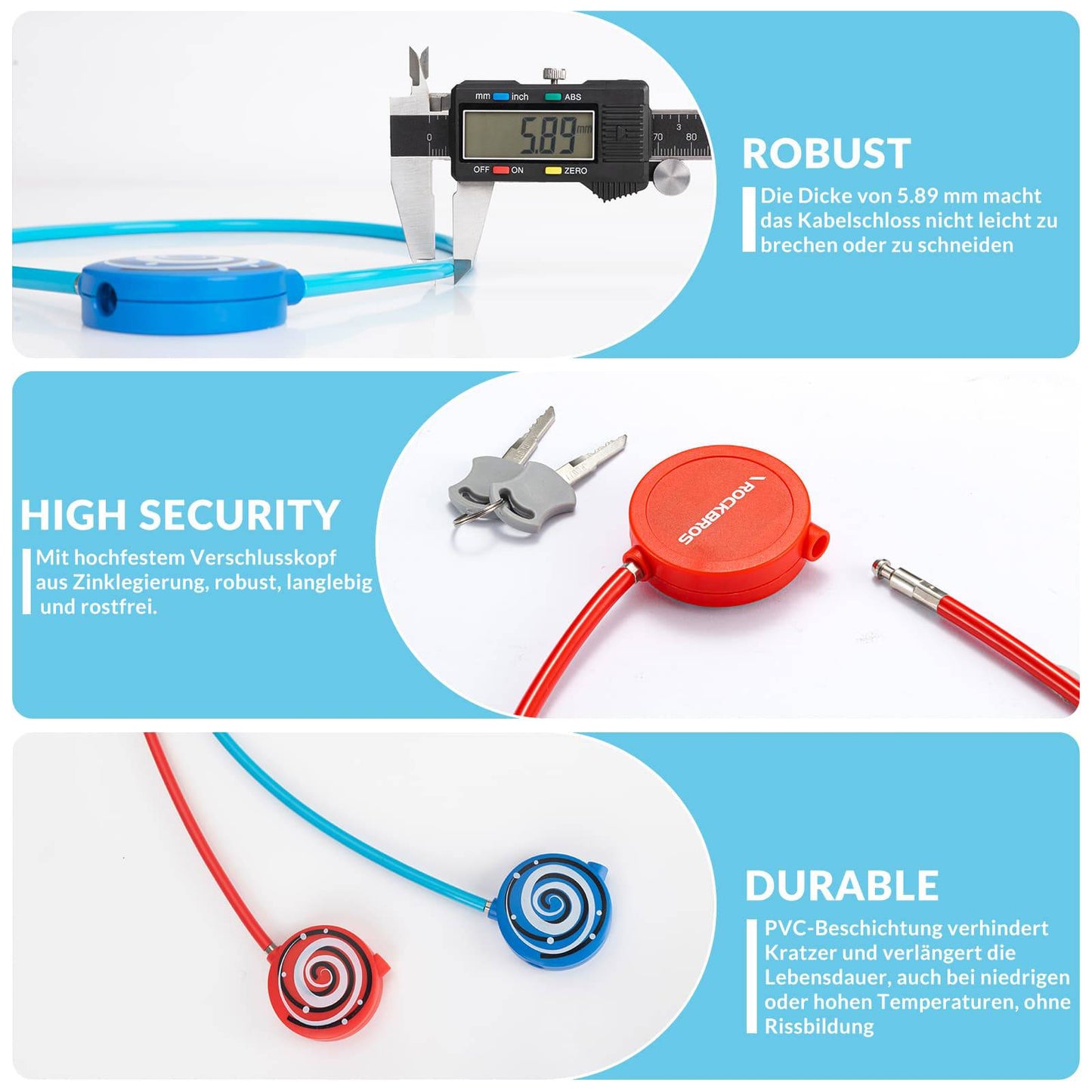 Zapięcie rowerowe dziecięce 69cm z 2 kluczami ROCKBROS