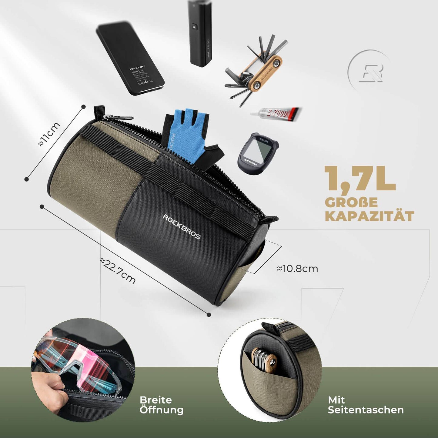 Torba cylindryczna na kierownicę ROCKBROS, 1,7 l, z paskiem na ramię