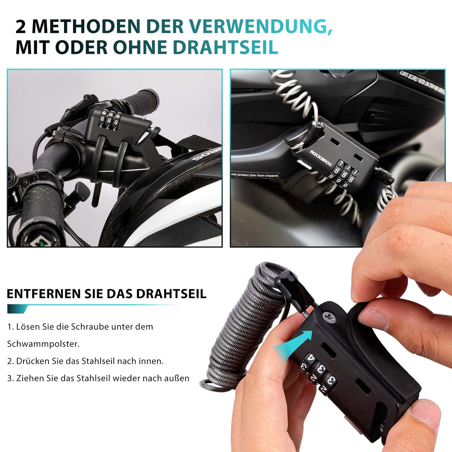 Zamek do kasku 150 cm, zamek szyfrowy 3-cyfrowy ROCKBROS