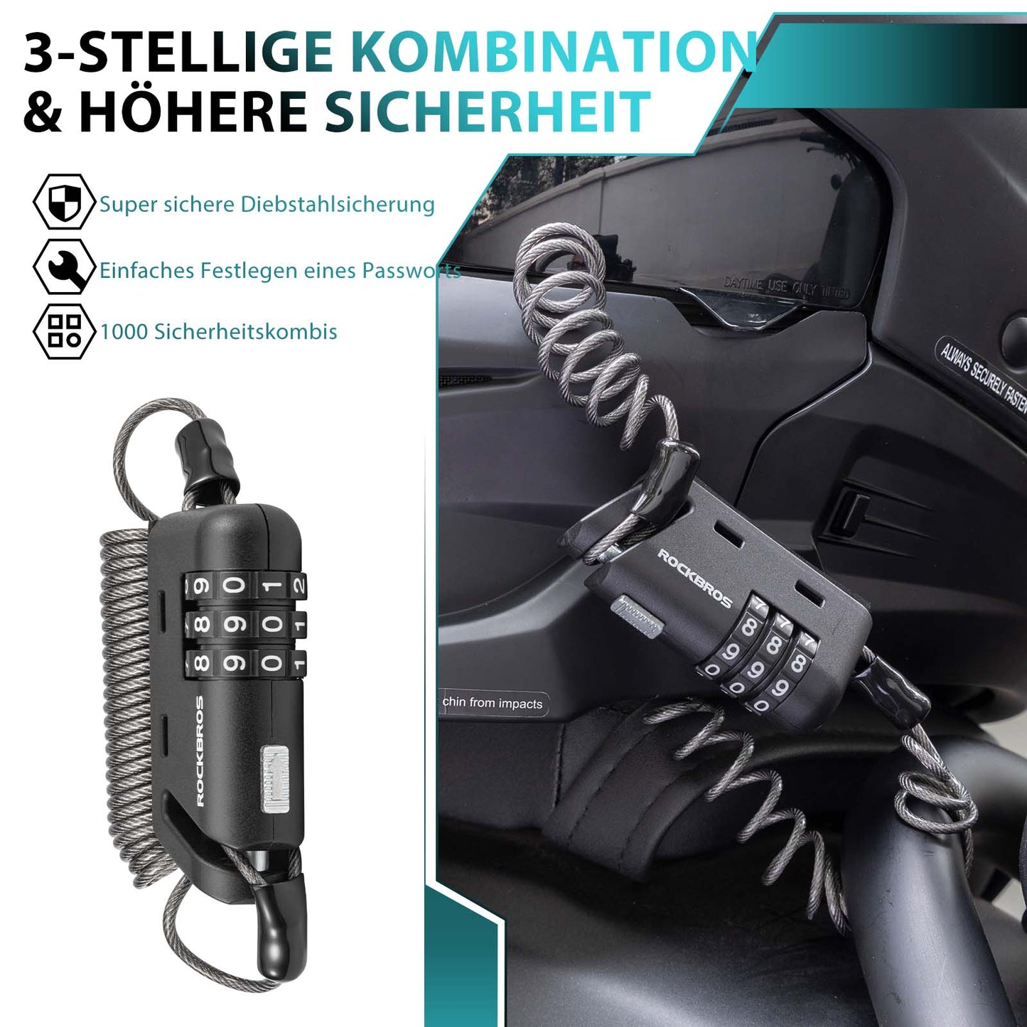 Zamek do kasku 150 cm, zamek szyfrowy 3-cyfrowy ROCKBROS