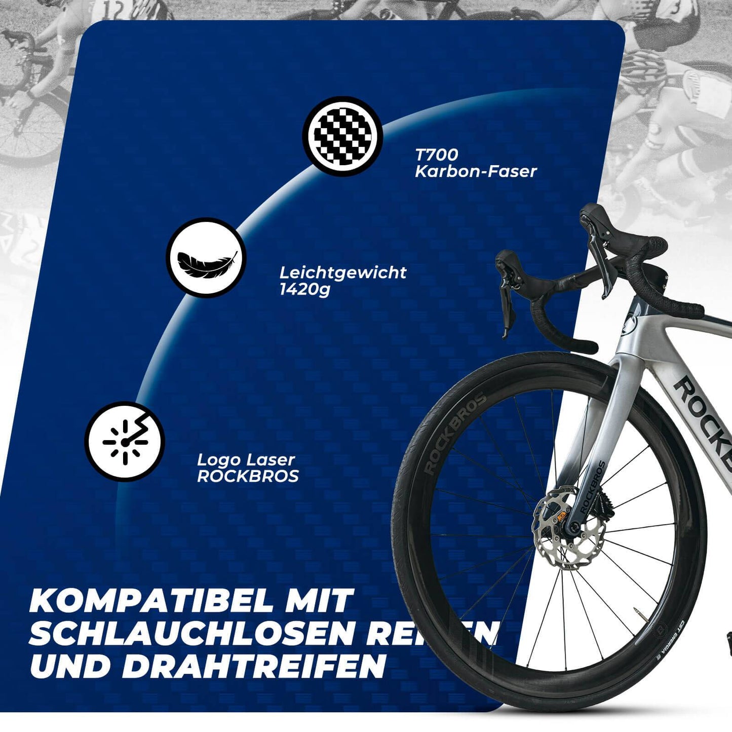 Zestaw kół T700 Carbon 28" 50mm, z hamulcem tarczowym, oś przelotowa do rowerów szosowych i napędem SHIMANO 8-12 biegów, 24 szprychy, łożyska stalowe 36T, ROCKBROS