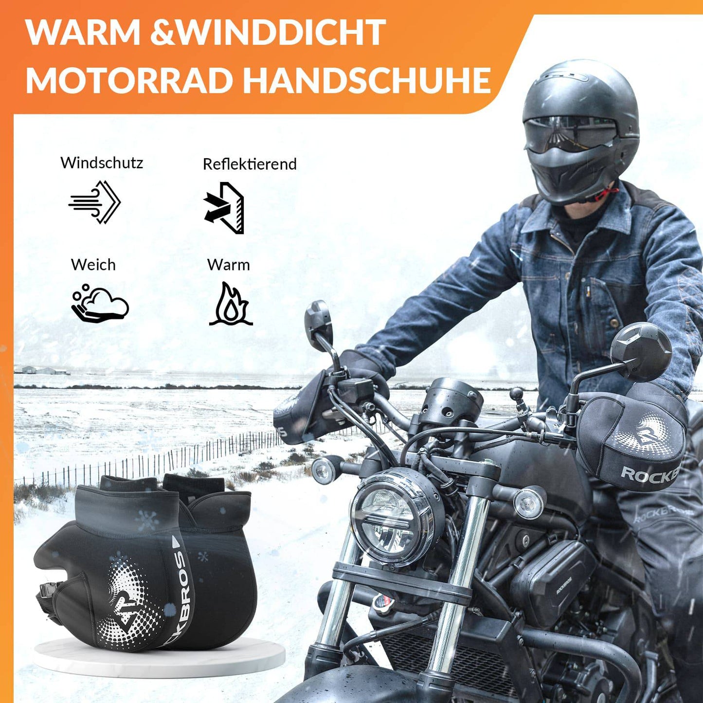 Zimowe wiatroodporne rękawice motocyklowe na kierownicę, czarne ROCKBROS