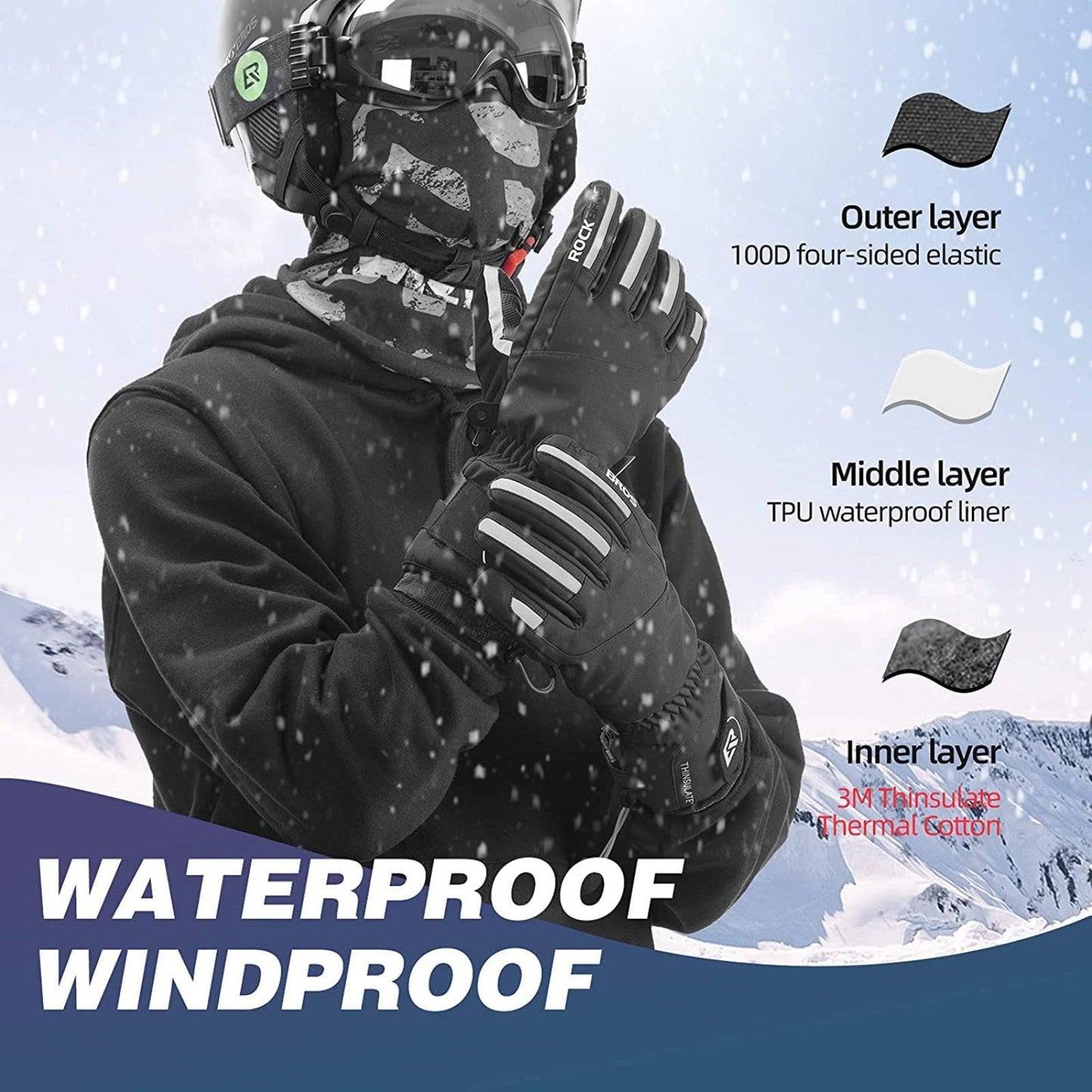 Męskie zimowe rękawiczki rowerowe, wiatroodporne, rozmiary M-2XL, ROCKBROS