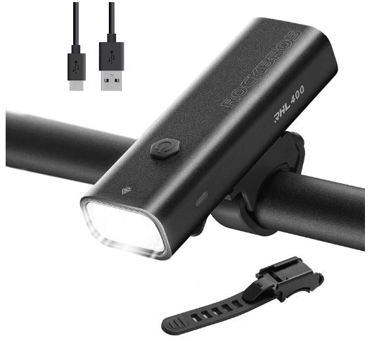 ROCKBROS Przednie światło LED USB akumulator, 400 lumenów wodoodporne światło IPX6 z 4 stałymi i migającymi trybami do rowerów górskich i szosowych