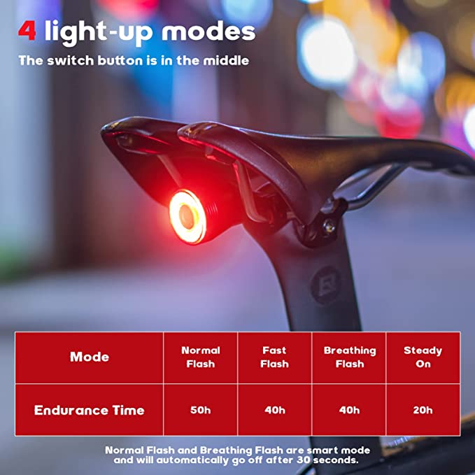 ROCKBROS Inteligentne ładowane światło tylne roweru 60 lumenów 4 tryby IP65 wodoodporne z automatycznym włączaniem podwójny wspornik